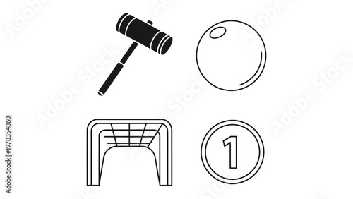 Croquet Essentials: A minimalist depiction of a croquet set, complete with a mallet, ball, wicket, and a numbered marker. Suitable for designs focused on leisure and sport. 