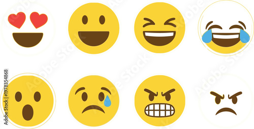 Vector graphic illustration of diverse yellow emoji faces displaying a wide range of human emotions and expressions.