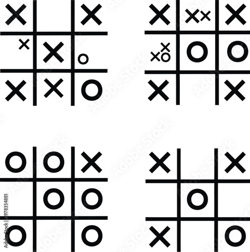 Tic-tac-toe game vector illustration featuring multiple grid challenges with crosses and circles displayed on a plain white background design element