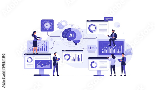 AI powered data analysis illustration with charts dashboards and business decision concept