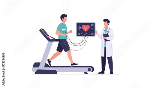 Doctor monitoring patient heart rate on treadmill ECG cardiac stress test illustration