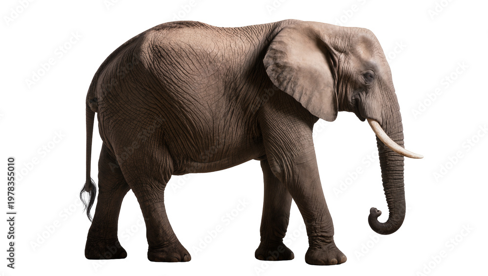 Fototapeta premium African elephant with tusks walking, isolated on transparent background