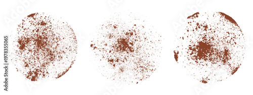 Set of three brown powder splash circles. Round dust scatter textures isolated on white background. Grunge coffee or cocoa particle rings for overlay.