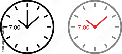 Clock vector icon set displaying seven o’clock time isolated on white background for business planning and schedule design usage