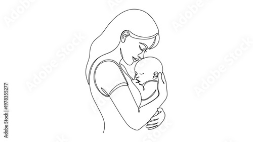 A mother tenderly holding her baby. Continuous line style. Hand drawn. Line art. Vector design. illustrations