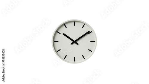 Minimalist white analog clock with black hands and markers, isolated on transparent background
