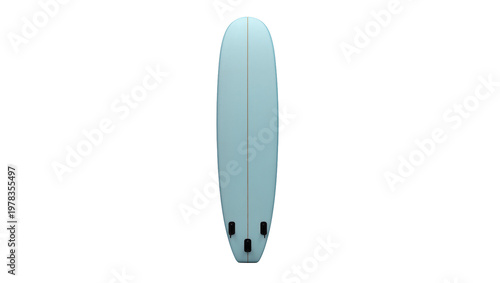 Light blue surfboard with three black fins, isolated on transparent background