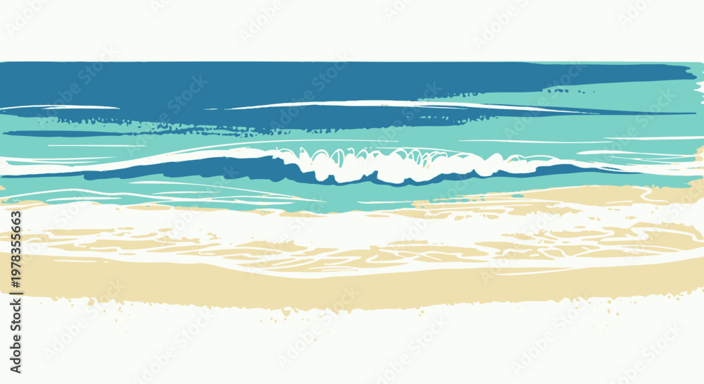 Obraz premium Minimalist vector seascape background, turquoise ocean waves and sandy beach panorama. Abstract summer shoreline landscape illustration, coastal banner for travel ads, web headers