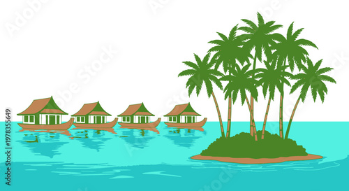 Tropical island resort vector illustration, overwater bungalows and palm trees on turquoise sea, colorful travel landscape for vacation ads, tourism banners, web headers