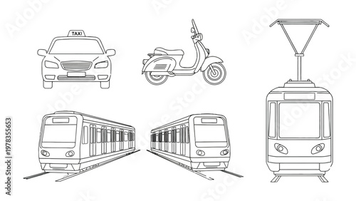 Transportation Mode Outlines: A collection of various transportation modes are carefully outlined, capturing the essence of each vehicle in simple, elegant lines.