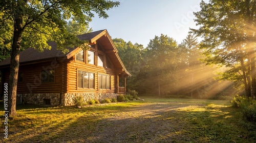 Rustic log cabin in forest with stone foundation and pitched roof, illuminated by golden sunlight streaming through trees. Peaceful woodland retreat atmosphere.