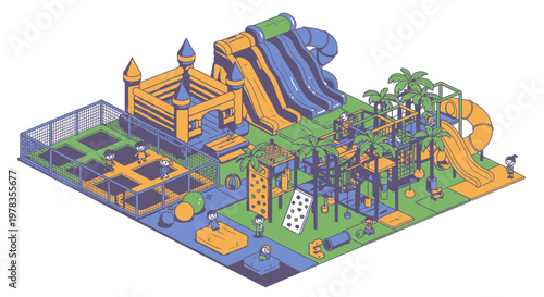 Isometric water park vector illustration, inflatable slides and pools in colorful outdoor playground, family leisure aqua park scene for summer vacation ads, maps, games
