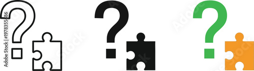 Question mark puzzle vector illustration featuring simple line art and colorful flat icons representing solution finding and logical business thinking concepts