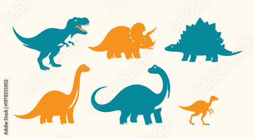 Cartoon dinosaur vector silhouettes in blue and orange, prehistoric reptile icons on white background. Cute dino clipart set for kids design, education, logo, poster, sticker