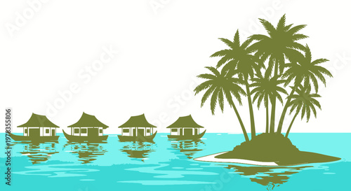 Tropical island resort vector illustration, overwater bungalows and palm trees in turquoise lagoon, summer beach travel landscape banner for vacation tourism web design