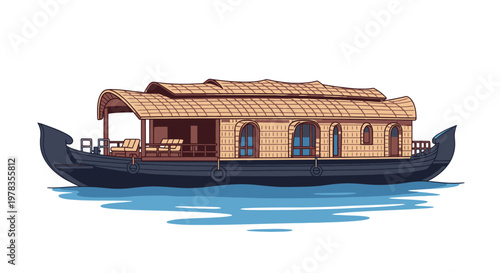 Vintage houseboat vector illustration, traditional wooden river boat with thatched roof on water, nautical transport icon in flat cartoon style for travel, tourism and poster design