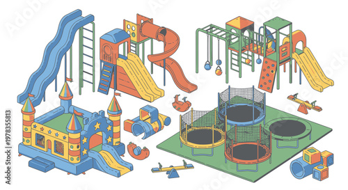Isometric playground vector illustration, colorful kids play area with slides and climbing structures. Outdoor park equipment in bright primary colors, isometric city map style asset