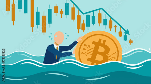 Businessman struggles to save Bitcoin in a falling cryptocurrency market