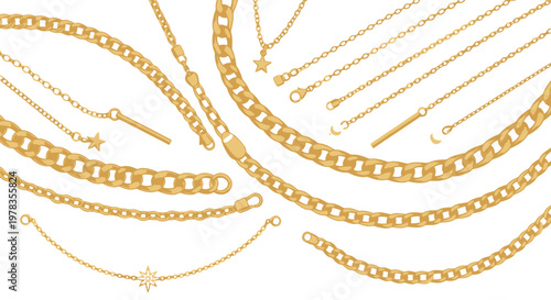 Vintage gold beaded chain borders and dividers vector set, elegant jewelry necklace curves with sparkle stars, metallic dotted line ornaments for frames, banners, invitations