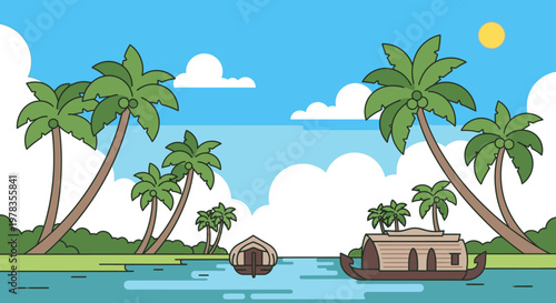 Cartoon tropical island landscape vector illustration, palm trees and overwater bungalow on turquoise lagoon. Summer beach scenery with blue sky clouds and sun for travel ads