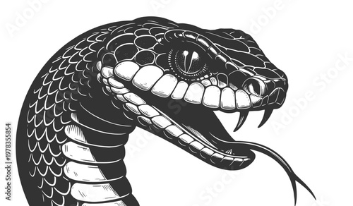 snake head with open mouth, visible fangs, and textured scales in dramatic detail sketch engraving generative ai fictional character vector illustration. Scratch board imitation. Black and white image