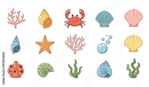 Cartoon seashell and ocean creature vector set in retro nautical flat style isolated on white