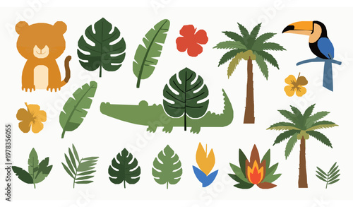 Canvas Print Tropical jungle sticker set with exotic leaves wild animals and retro cartoon na