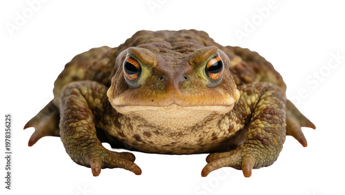 Foto Brown warty toad with bulging orange eyes, isolated on transparent background