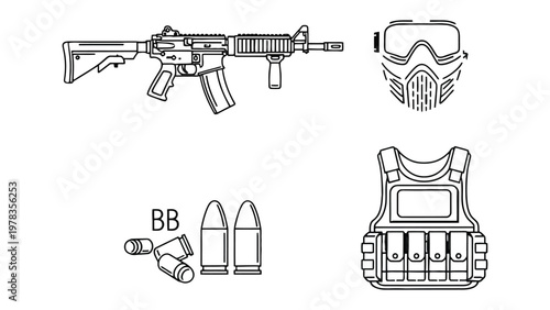 Combat Gear Overview: This image offers a detailed illustration of essential combat gear, including a rifle, protective eyewear, a face mask, and a tactical vest.