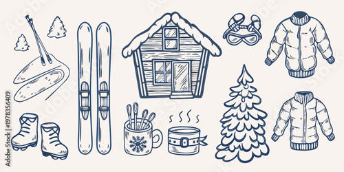 Winter sports equipment and cozy cabin illustration in a sketched style