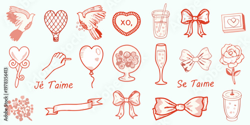 Collection of hand drawn romantic symbols in a reddish pink color scheme