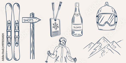 A collection of ski equipment celebratory drinks and mountain scenery