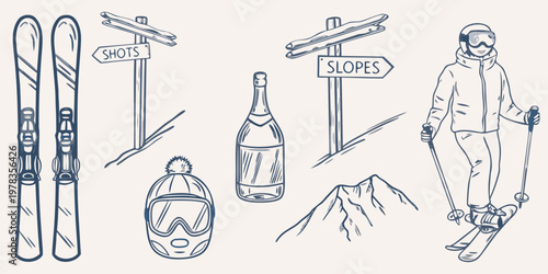 Skiing themed sketch featuring equipment signage and a winter athlete