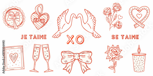 Romantic hand drawn illustrations with hearts doves and champagne flutes