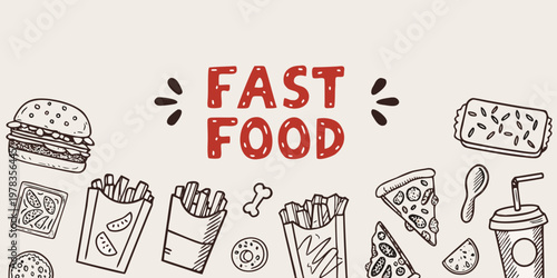 Hand drawn illustration showcasing various popular fast food items