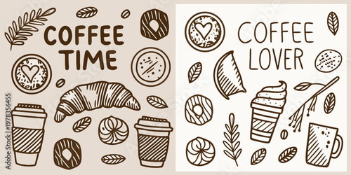 Coffee themed doodles featuring beans pastries and various beverage containers