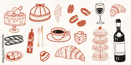 A collection of illustrated pastries desserts and beverages in reddish hues