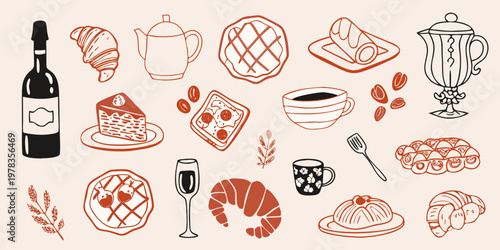 A collection of hand drawn breakfast and dessert items in red tones