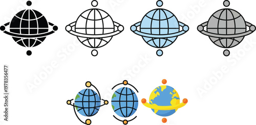 Globe vector icon set showing earth planet spheres with orbital rings in various flat graphic design styles for web communication usage