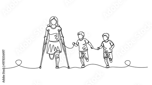 a woman with crutches and two children. Continuous line style. Hand drawn. Line art. Vector design. illustrations