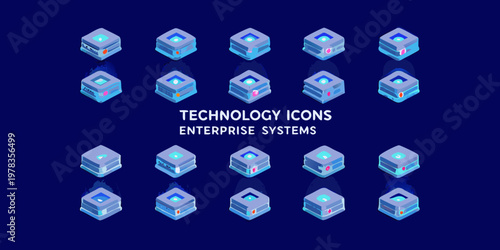 Isometric server icons representing technology and enterprise system architecture