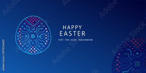 A futuristic easter egg design with circuit board patterns and text