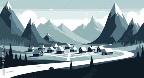 Monochromatic vector landscape of a secluded village nestled in a valley surrounded by majestic sharp-peaked mountains and trees.