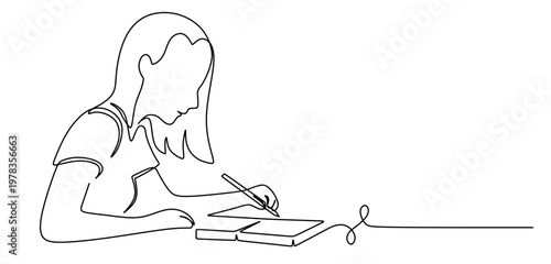 a single continuous line art drawing of a woman sitting and concentrating on writing or drawing on a book. single line vector drawing