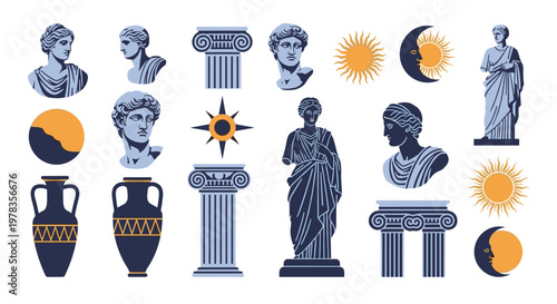 A collection of classical antiquity vector elements including Greek statues ionic columns amphoras and celestial symbols for design.