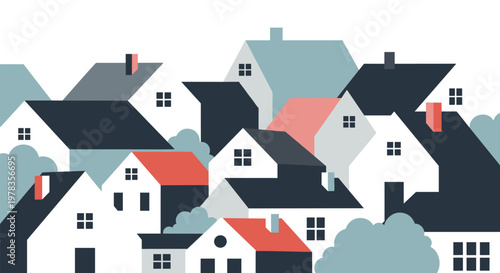 Modern flat vector illustration of a dense neighborhood with overlapping houses of various shapes and colors representing community.