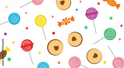 A festive and colorful seamless pattern of assorted candies including lollipops wrapped sweets and cookies on a white background.