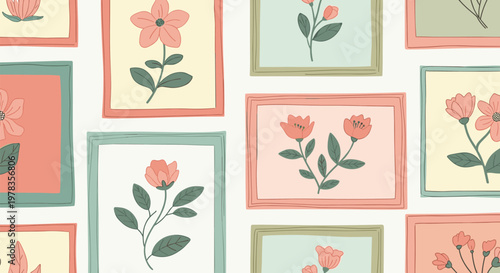A lovely seamless pattern of vintage-style framed floral illustrations in soft pastel colors for a charming and romantic background.