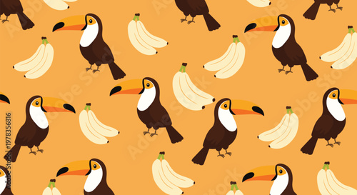 A tropical and fun seamless pattern of cartoon toucans and ripe bananas on a bright orange background for summer designs.