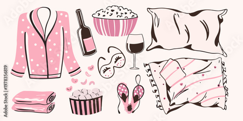 Cozy night in robe wine popcorn and comfortable accessories illustrated
